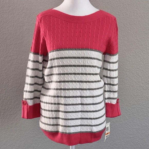Karen Scott Pink and White Crew Neck knit top size small - Picture 2 of 6